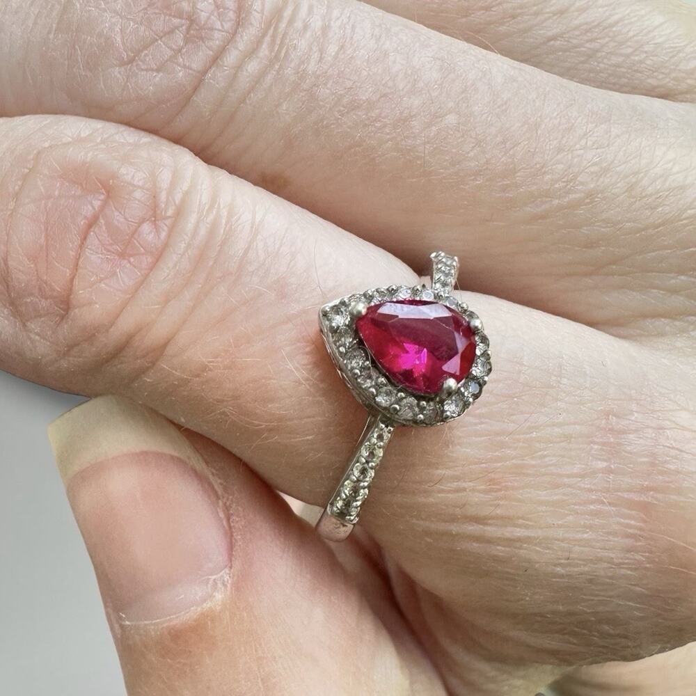 Sterling Silver Ruby Ring Pear Cut Halo Pave Solitaire 925 CO Size 7